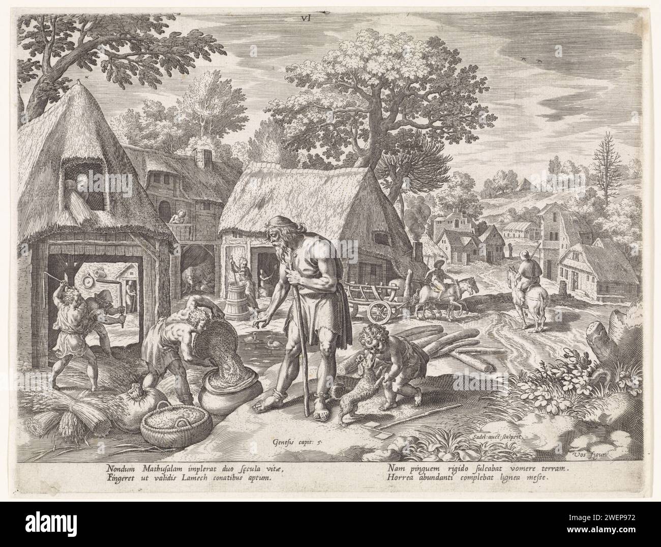 Metuselach et ses enfants, Johann Sadeler (I), d'après Maerten de vos, 1586 impression Metuselach au premier plan. Il donne des directives à ses enfants qui ramassent la récolte du grain. Une ferme en arrière-plan. L'impression a une légende latine. Gravure sur papier histoire de Methuselah. céréales, céréales, maïs (herbe avec céréales, cultivée pour l'alimentation, par exemple : blé, riz, seigle, avoine, maïs, sarrasin, millet) (+ récolte  procédés agricoles). ferme (bâtiment) Banque D'Images