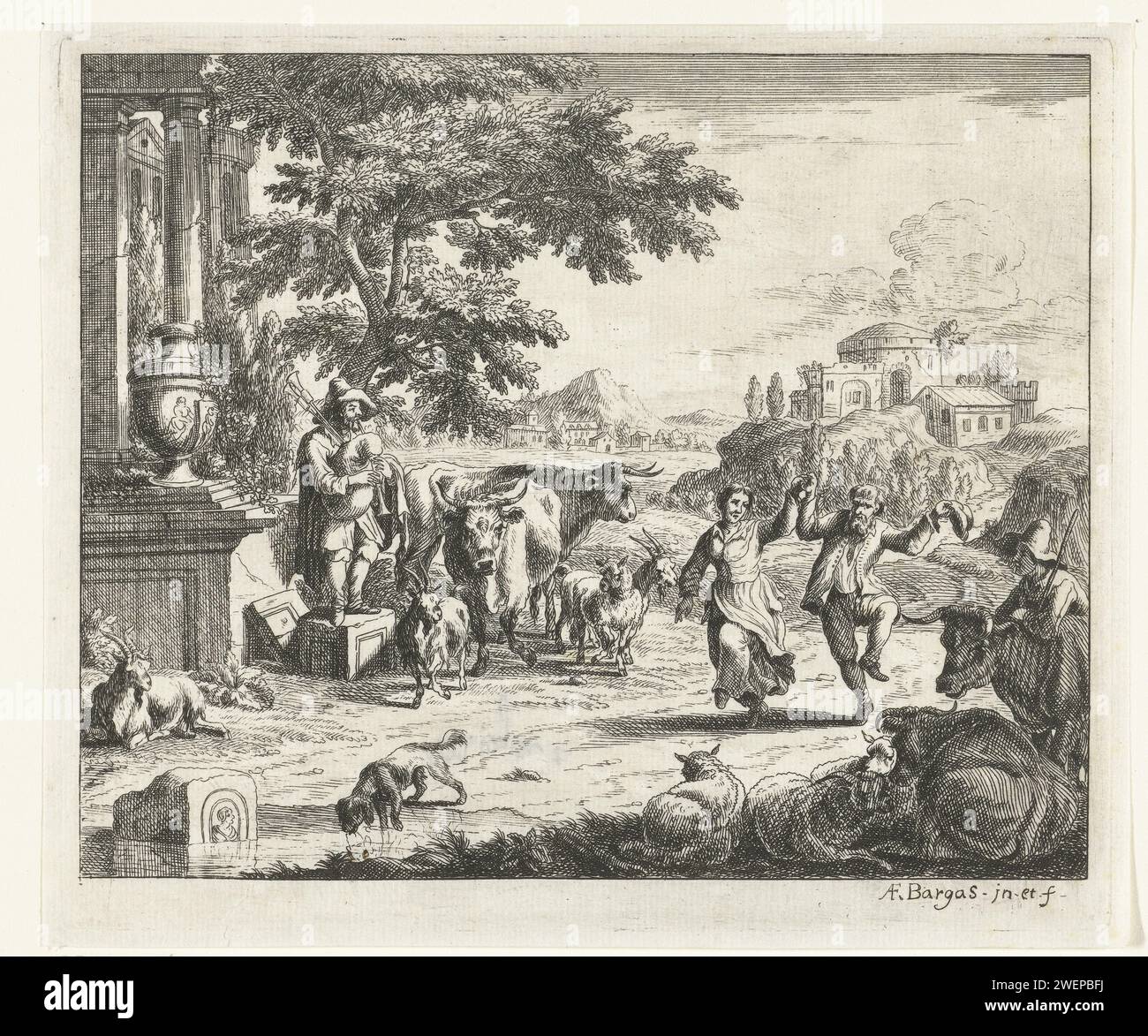 Paysage avec mari et femme dansant et joueur de cornemuse aux ruines, Franciscus de Bargas, 1660 - 1699 papier imprimé gravure danse. cornemuse, musette. une personne jouant d'un instrument à vent. une paire dansant ; homme et femme dansant en couple Banque D'Images