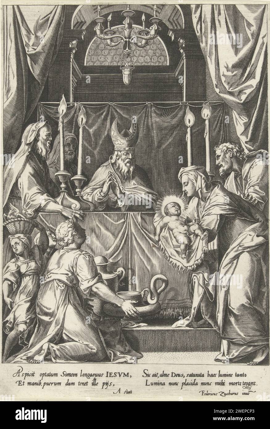 Présentation du Christ au Temple, Cornelis Cort, d'après Federico Zuccaro, c. 1568 - c. 1578 imprimer Marie et Joseph apportent le Christ au temple. Maria donne l'enfant au grand prêtre qui se tient derrière un autel avec des bougies allumées. A gauche des femmes priantes et une fille avec un panier avec deux pigeons sur la tête. Les pigeons seront sacrifiés à la place du premier enfant. Gravure sur papier de présentation de l'enfant-Christ dans le temple, habituellement Siméon (et Anna) présent (Luc 2:22-39). Purification de Marie ; offrande des colombes Banque D'Images