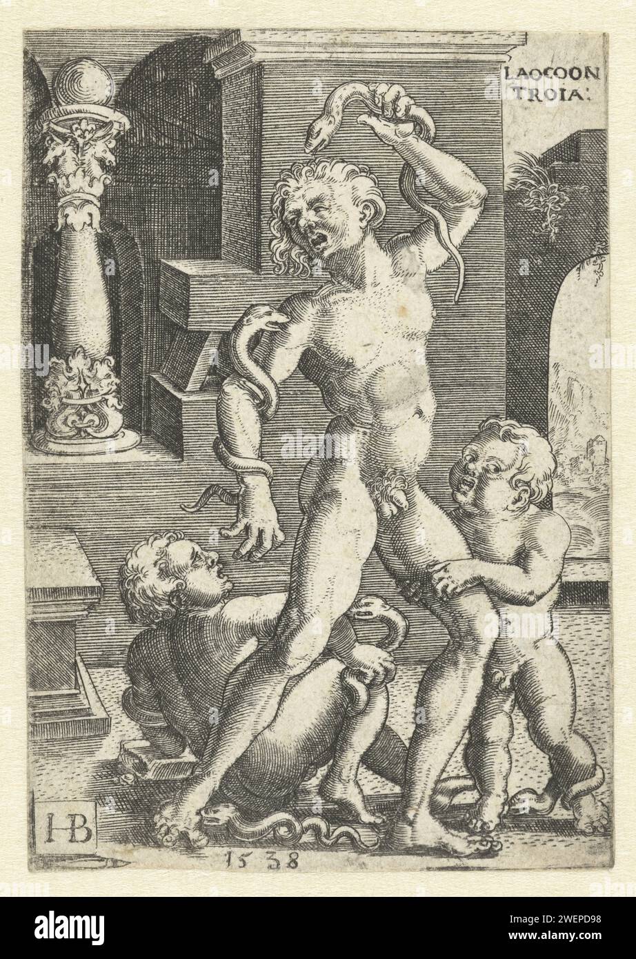 Laocoön et ses deux fils tués par des serpents, Hans Brosamer, 1538 gravures sur papier Laocoon et ses fils jumeaux sont étranglés par deux serpents lors des préparatifs d'un sacrifice Banque D'Images