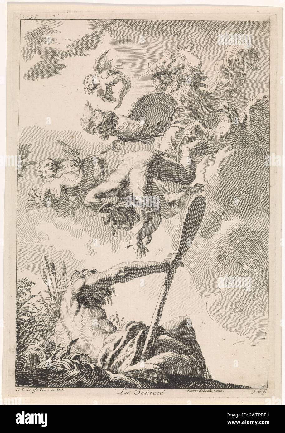Minerva déplace l'envie : une allégorie par certitude, Johannes glaber, d'après Gerard de Lairesse, 1672 - 1726 imprimer la déesse Minerve déplace trois harpes et la personnification de l'envie du ciel. Au premier plan la personnification de la rivière Amstel. L'estampe est une peinture de plafond de Gérard de Lairesse et fait partie d'une série avec des représentations bibliques, mythologiques et allégoriques. Gravure sur papier (histoire de) Minerva (Pallas, Athéna). Envie ; 'Invidia' (Ripa)  personnification de l'un des sept péchés capitaux. rivière personnifiée, 'Fiumi' (Ripa). Harpies (mythologie classique) Amstel (rivière) Banque D'Images