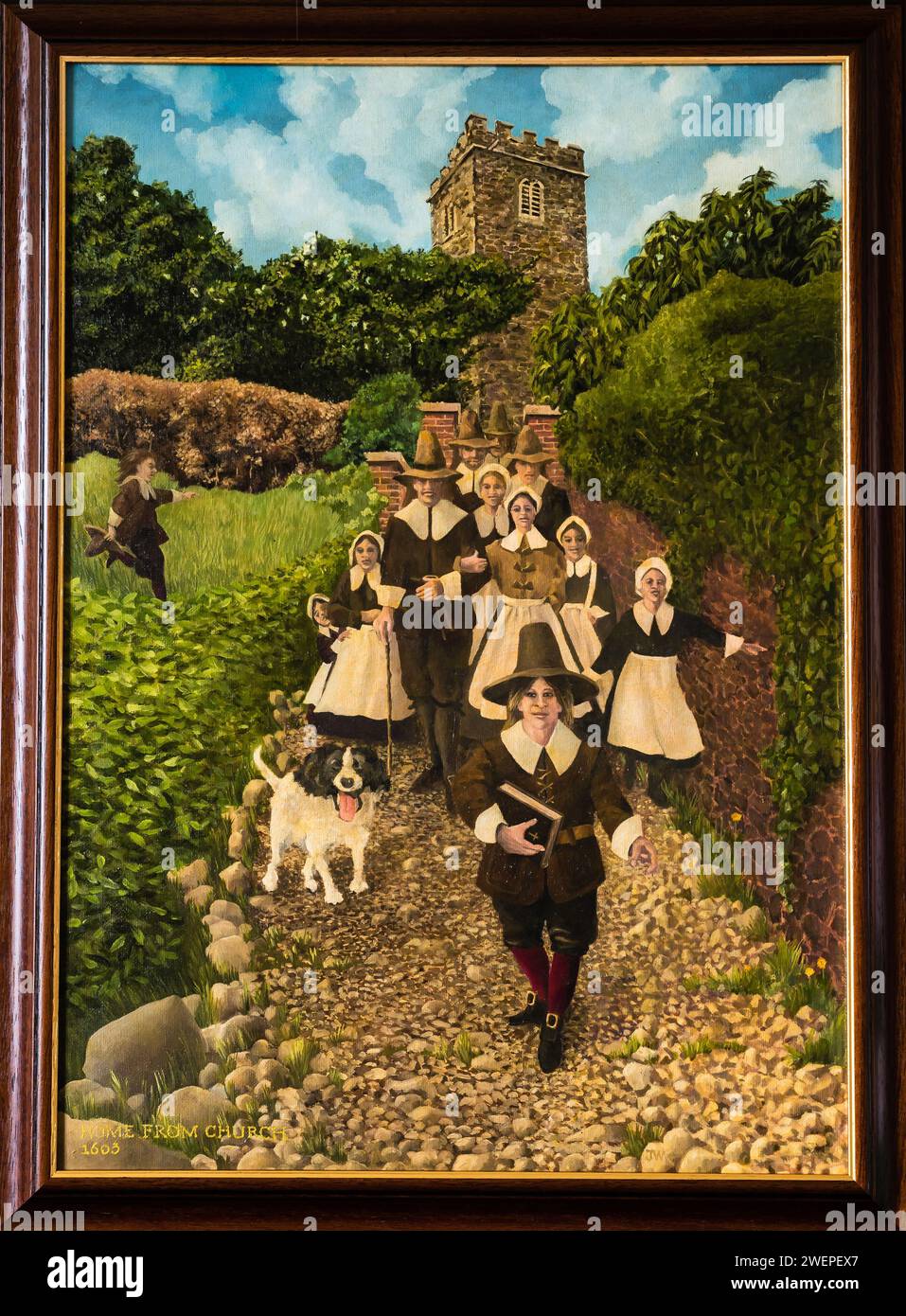 Peinture de Roger Conant et de sa famille quittant l'église All Saints. Banque D'Images