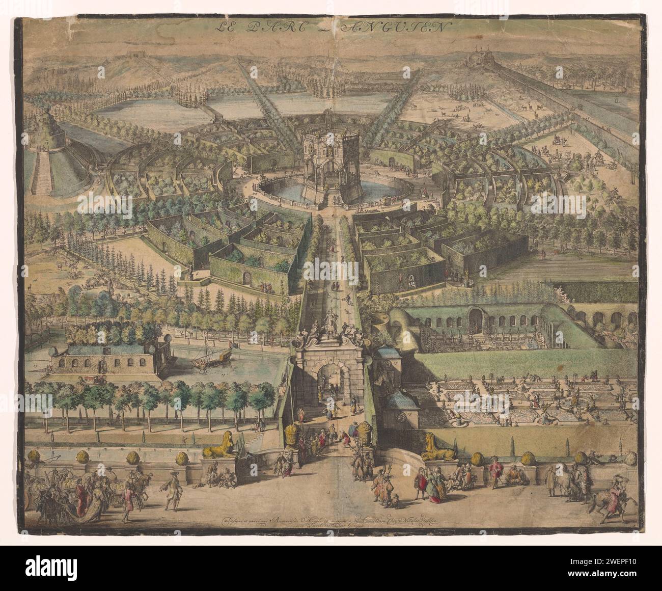 Vue du parc d'Enghien, Nicolaes Visscher (I), d'après Romeyn de Hooghe, 1633 - 1709 papier imprimé. carton. Aquarelle (peinture) gravure / pinceau jardins publics, parc Parc d'Enghien Banque D'Images