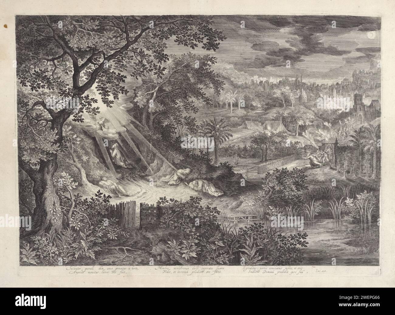 Paysage avec le Christ dans le Hof van Gethsémani, 1580 - 1625 imprimer paysage large avec des chênes et des palmiers. A gauche, l'ange apparaît au milieu des rayons lumineux sur le Christ agenouillé. Les trois apôtres dorment. A droite, un groupe de soldats avec des torches, précédé de Judas. Papier gravé la prière du Christ dans le jardin de Gethsémani pendant la nuit Banque D'Images