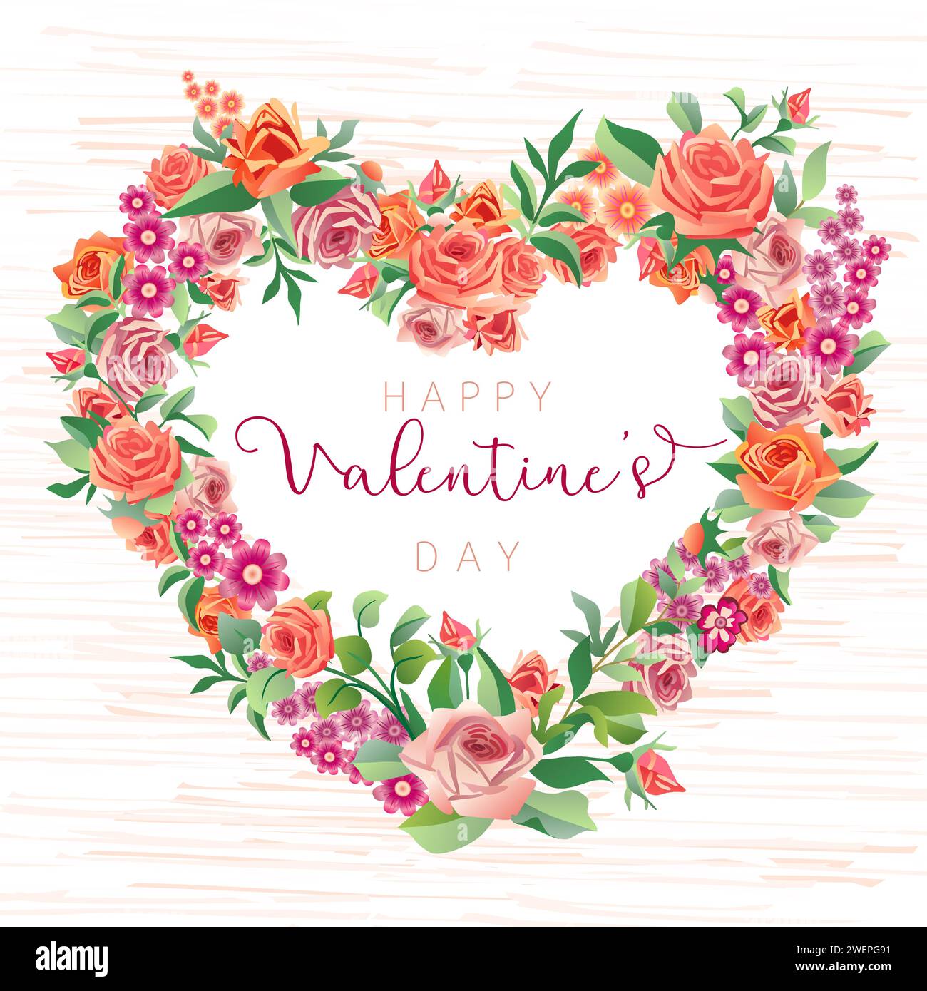 Affiche sur les réseaux sociaux bonne Saint-Valentin. Illustration vectorielle. Coeur floral avec des roses vintage, fond de style créatif dessiné à la main. Conce décoratif Illustration de Vecteur