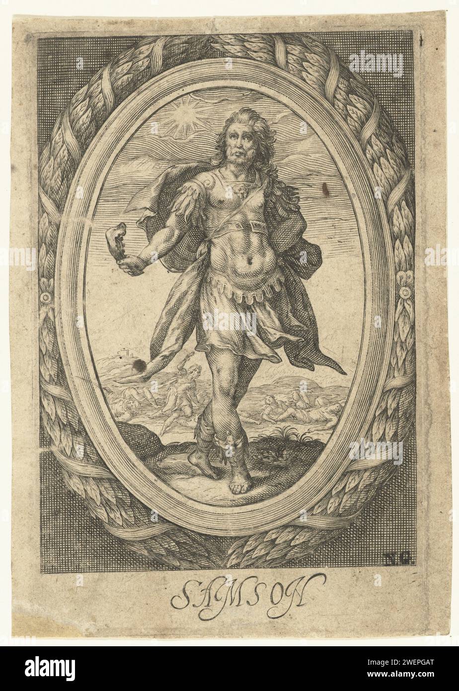 Simson, Nicolaas Braeu, d'après Jacob Matham, c. 1586 - dans ou après c. 1600 estampe Simson avec la mâchoire d'un âne dans sa main. En arrière-plan, vous pouvez voir comment il bat les Philistins qui se sont moqués de lui avec la mâchoire. En ovale avec un cadre de feuilles de Laurier. Gravure sur papier Samson (pas dans le contexte biblique) ; attributs possibles : pilier cassé, club, mâchoire, tête de lion, fourrure de lion Banque D'Images