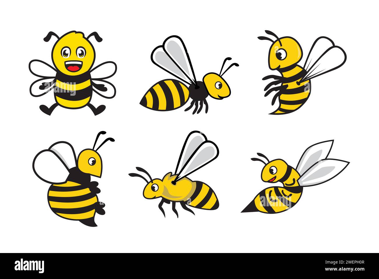 Ensemble vectoriel d'abeilles de dessin animé. Isolé sur fond blanc. Illustration de Vecteur
