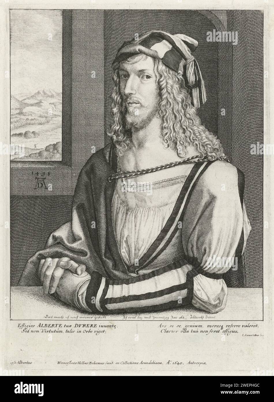 Portrait van Albrecht Dürer, Venceslaus Hollar, d'après Albrecht Dürer, tirage de 1645 Portrait de l'artiste allemand Albrecht Dürer à l'âge de 26 ans. styles de gravure de papier de coiffure Banque D'Images