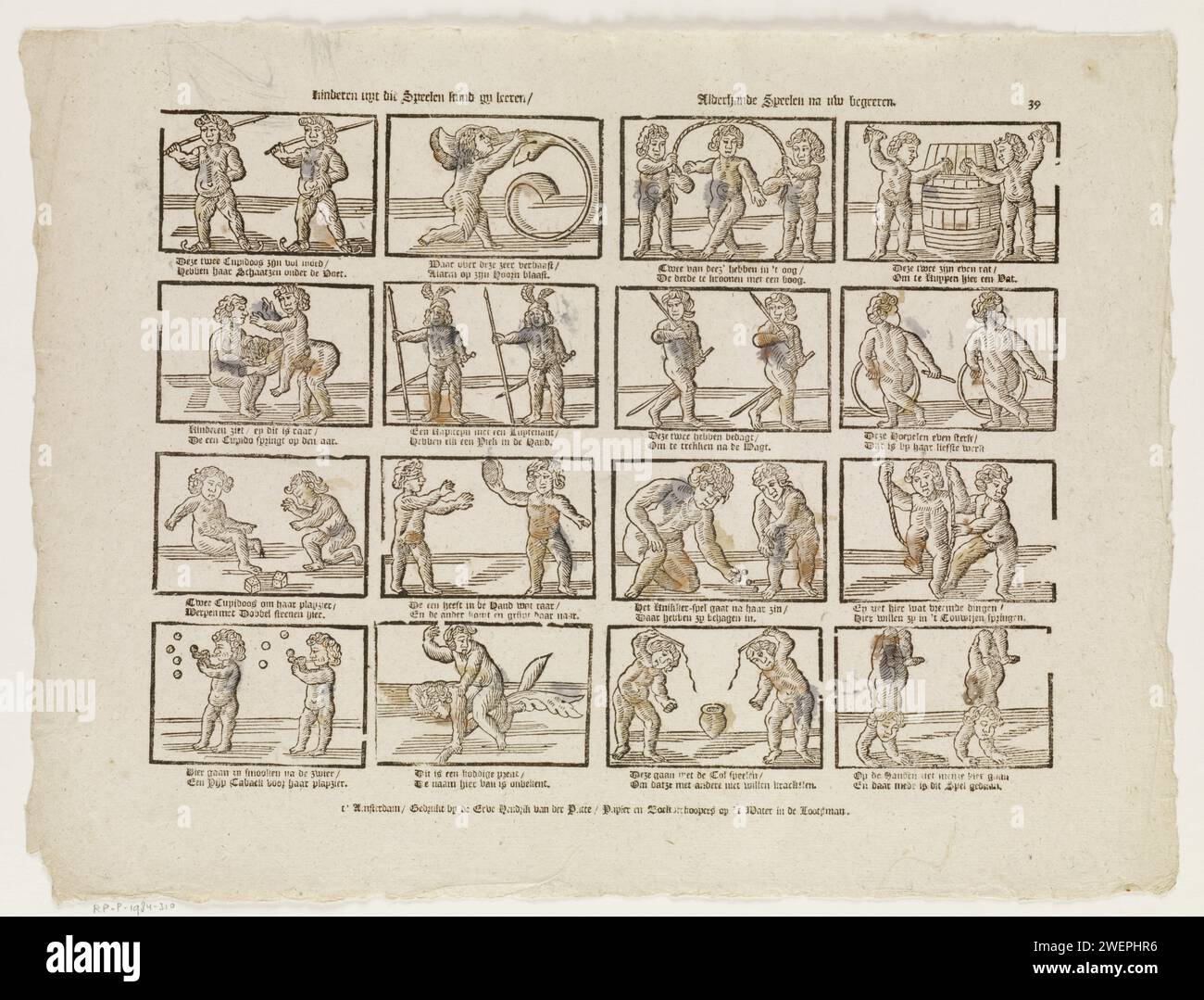 Enfants uyt ce speelen vous tuer apprendre / alderehande speelen après votre désir, 1770 - 1794 imprimer feuille avec 16 représentations de jeux et d'activités pour enfants présentés avec des cupidos, tels que le saut à la corde et la filature. Sous chaque image, un verset bidirectionnel. Numéroté en haut à droite : 39. impression typographique papier jeux et jeux pour enfants. cupidons : 'amores', 'amoretti', 'putti' Banque D'Images