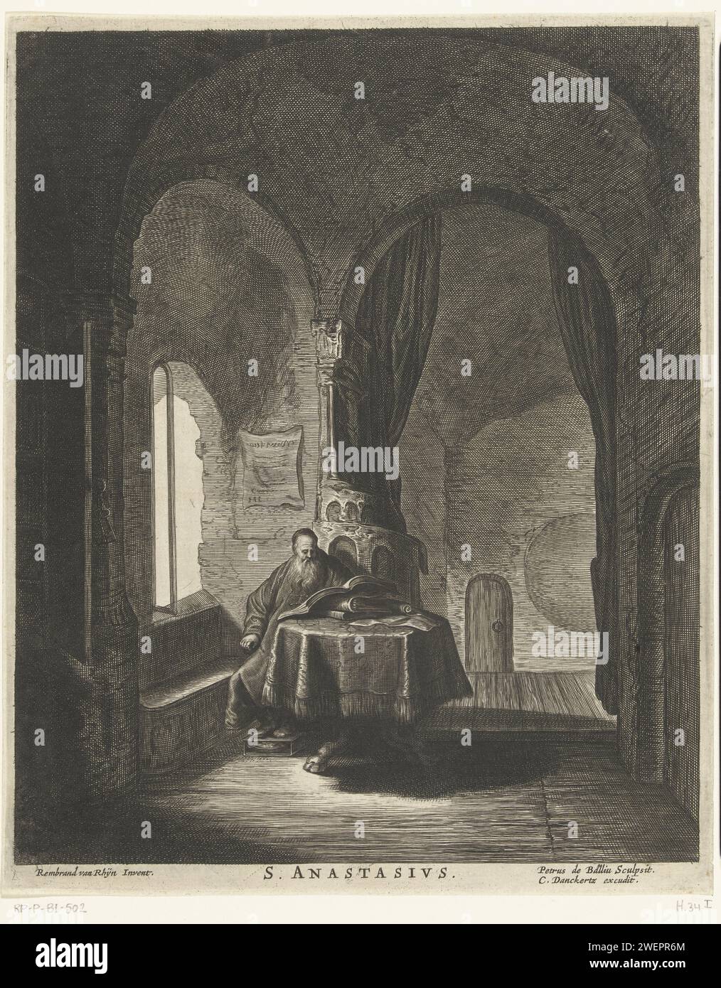 Saint Anastase étudie au départ, Pieter de Bailliu (I), d'après Rembrandt van Rijn, 1623 - 1660 impression papier gravure de saints. culte privé et étude religieuse Banque D'Images