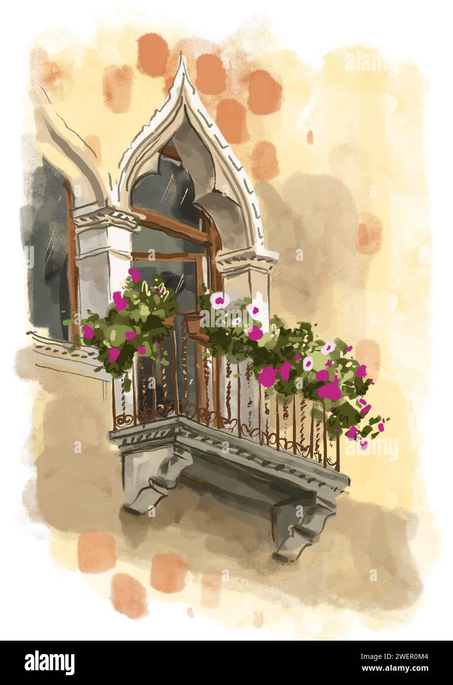 Illustration architecturale aquarelle en JPEG avec un balcon avec des fleurs roses dans la ville de Bologne en Italie dans des couleurs beiges Banque D'Images