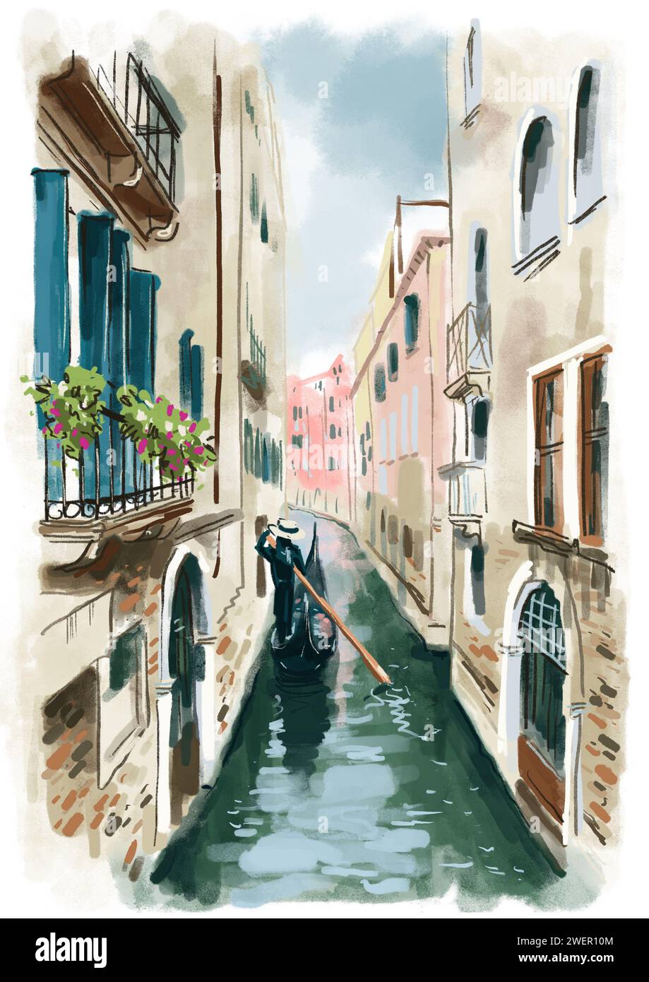 Illustration aquarelle au format JPEG, qui représente un canal avec des bâtiments à Venise en Italie, le long duquel flotte une gondole Banque D'Images