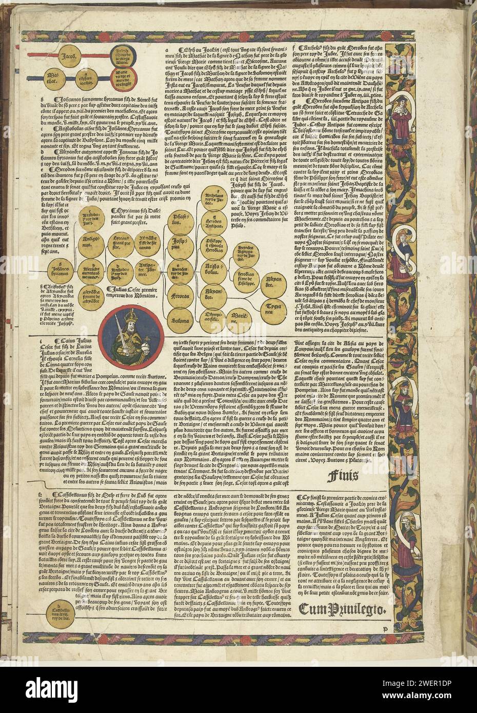 Cronica Cronicarum (...), Blad 8 verso, 1521 imprimer page 8 verso extrait d'une chronique mondiale, dernière page de la première partie. Texte en livre imprimé en français en trois colonnes. Au milieu, une représentation ronde de Jules Ceasar en tant que premier empereur romain. La performance ronde est reliée à d'autres cercles qui sont remplis de noms : ceux-ci forment ensemble une représentation schématique de la généalogie et du suivi de principe, qui s'étend sur plusieurs pages de la chronique. À l'extrême droite un bord d'ornement avec des prophètes. Papier typographie impression portrait de César Banque D'Images