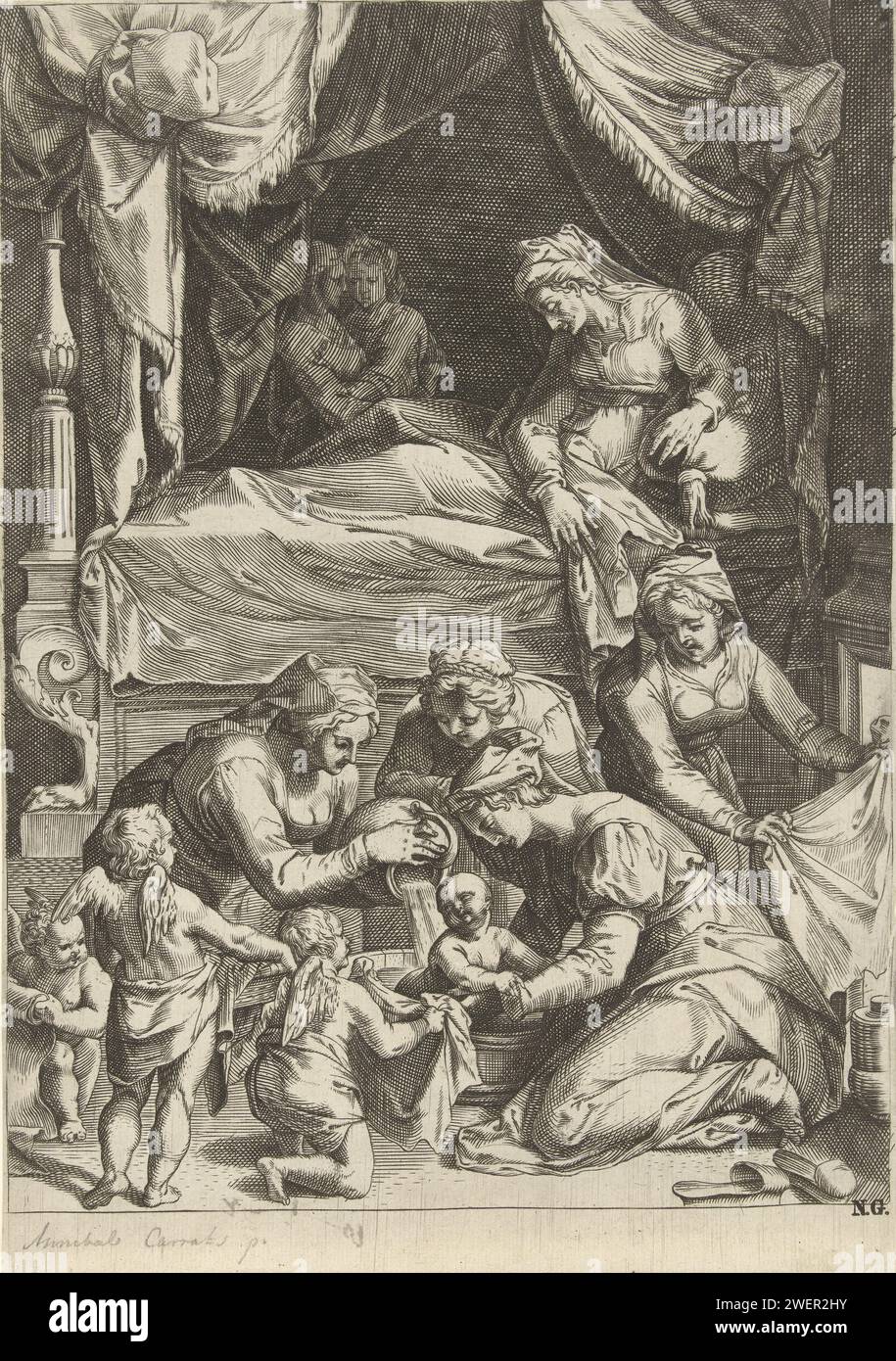 Naissance de la Vierge, anonyme, d'après Cornelis Cort, d'après Taddeo Zuccaro, c. 1568 - c. 1618 estampe Anna est dans un lit à baldaquin et regarde les femmes qui font son enfant au premier plan. A droite une femme qui réchauffe une toile pour le feu ; avant gauche trois anges avec des serviettes. Gravure sur papier naissance de Marie Banque D'Images