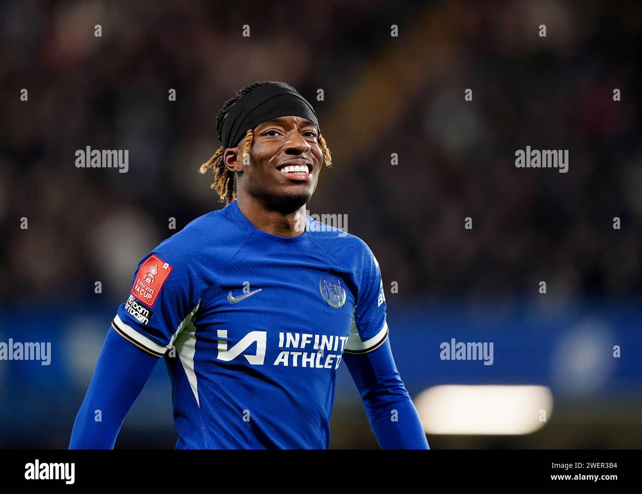 Noni Madueke de Chelsea lors du quatrième tour de la coupe Emirates FA Cup à Stamford Bridge, Londres. Date de la photo : Vendredi 26 janvier 2024. Banque D'Images
