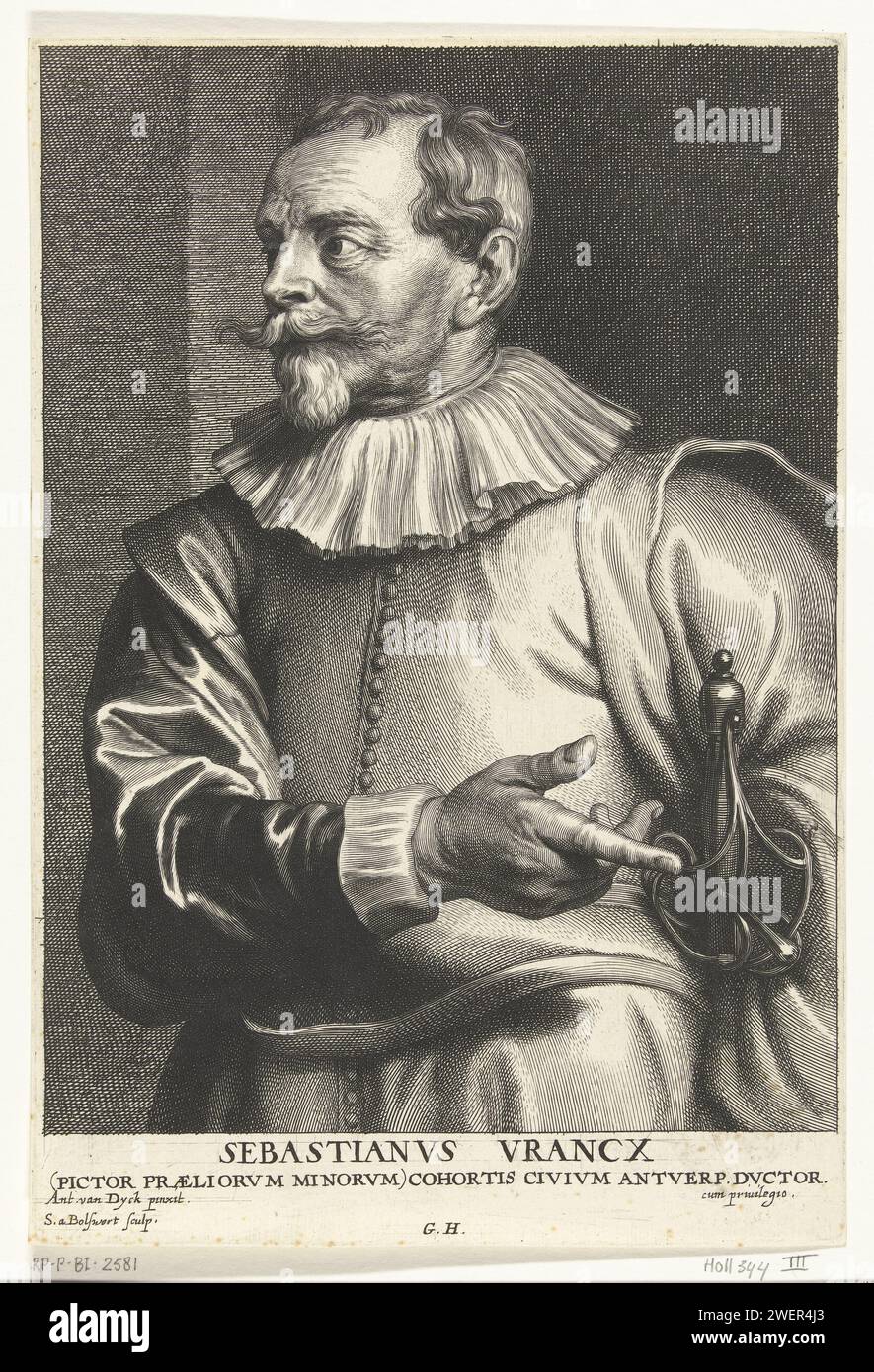 Portrait du peintre Sebastiaan Vrancx, Schelte Adamsz. Bolswert, d'après Anthony Van Dyck, 1596 - 1659 impression papier gravure portrait, autoportrait du peintre Banque D'Images