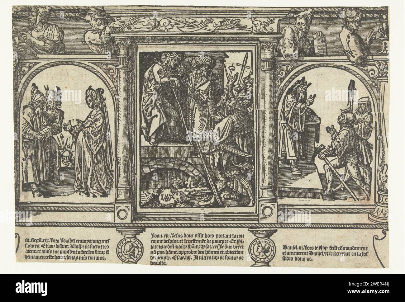 Pilatus montre le Christ au peuple (Ecce Homo), Izabel menace Elia et les Babyloniens exigent la mort de Daniël., Jacob Cornelisz van Oostsanen, 1525 - 1530 imprimer partie supérieure et feuille d'une Biblia pauperum. Sur la gauche Izabel menace Eilas de mort, au milieu Pilatus Christ montre au peuple, sur la droite les Babyloniens demandent la mort de Daniël. Cadre avec quatre prophètes. Texte en français sous les représentations. Papier Jezebel envoie un message à Elijah dans lequel elle menace de lui ôter la vie. Pilate montrant le Christ au peuple, 'Ostentatio Christi', 'Ecce Homo' (Jean 19:4-6). Daniel an Banque D'Images