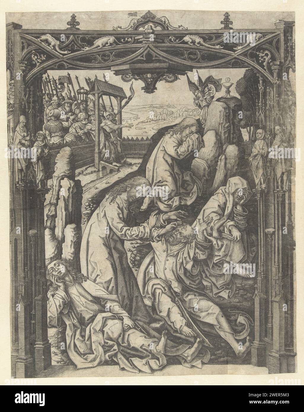 Christ sur le mont des oliviers, Maître IAM van Zwoll, c. 1480 - c. 1490 impression cadre gothique autour de la présentation du Christ sur le mont des oliviers. Papier gravé la prière du Christ dans le jardin de Gethsémani pendant la nuit. Christ appelle les apôtres à rester éveillés et à prier  jardin de Gethsémani Banque D'Images