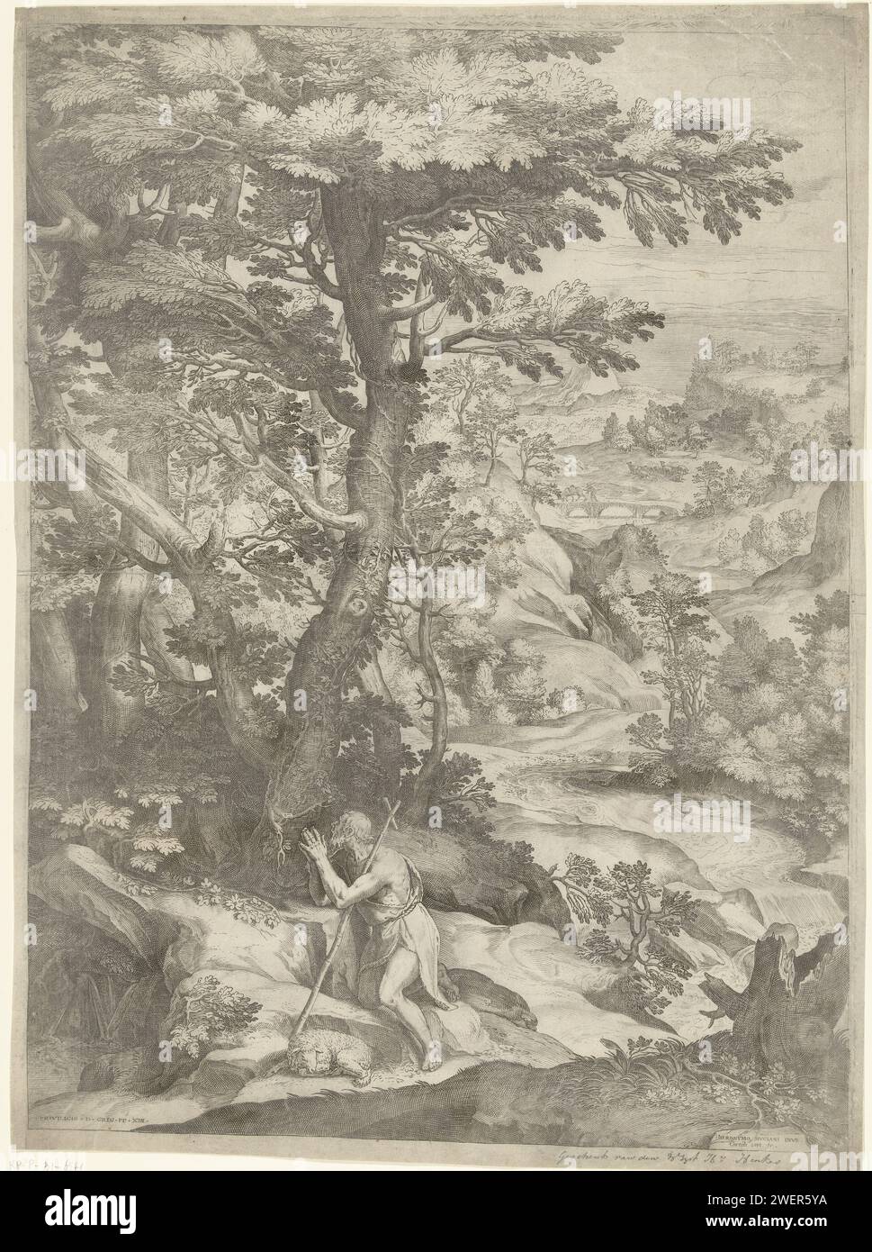 Paysage avec Johannes de Boper, Cornelis Cort, d'après Girolamo Muziano, c. 1573 - c. 1575 imprimer Paysage de la rivière roulante avec la prière de Jean le Baptiste. Il y a un agneau à côté de la figure agenouillée. Gravure sur papier Jean le Baptiste ; attributs possibles : livre, croix de roseau, coupe baptismale, nid d'abeille, agneau, personnel Banque D'Images