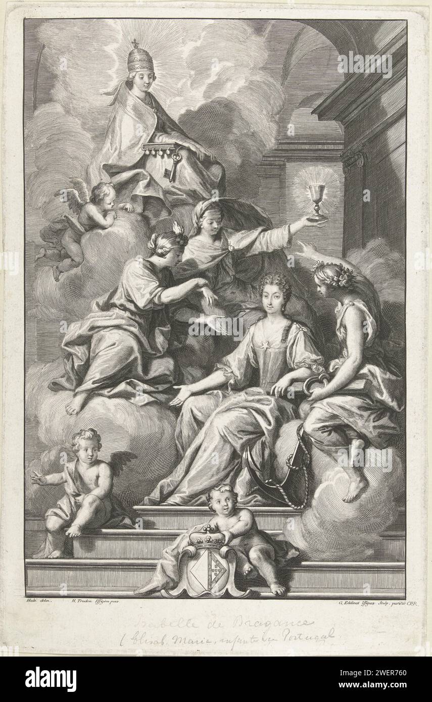 Isabelle de Bragance, Gérard Edelinck, d'après Hieronymus Trudon, d'après Hale, 1675 - 1707 print Isabelle de Bragance (1669-1690), princesse du Portugal, représente assise entre trois personnifications féminines de foi, d'espérance et d'amour. D'en haut, la personnification de la religion regarde et sur les marches au premier plan sont deux anges, dont l'un détient l'arme de la princesse. Gravure sur papier des trois vertus théologiques Banque D'Images