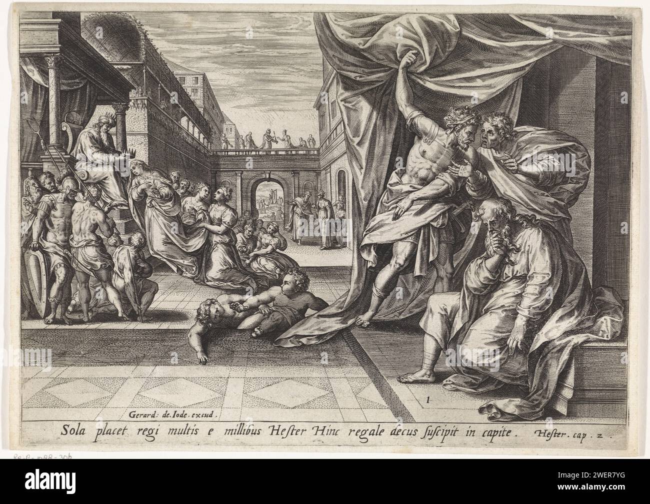 CONNING VAN ESTER, SON COLLAERT (I) (ATTRIBUÉ À), D'APRÈS Jan Snellinck (I), 1585 estampe Ester est couronné reine par le roi Ahasveros. Mordecai est au premier plan, Bigtana et Teres couvrant. Au milieu de la droite, vous pouvez voir que Mordecai raconte à la reine Ester ce qu'il a entendu. Sur le pont, vous pouvez voir qu'Ester raconte la nouvelle au roi au nom de Mordecai. Bigtana et Teres sont accrochées sous le pont. Sous la performance une référence en latin au texte de la Bible en est. 2. Gravure sur papier couronnant Esther Banque D'Images