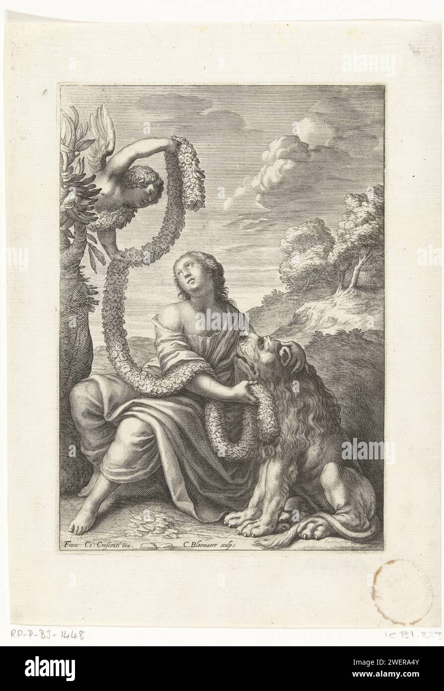 Innocence, Cornelis Bloemaert (II), d'après Franc. Co Crescenti, 1640 imprimer Une femme assise reçoit une guirlande d'un ange au-dessus d'elle dans un arbre. Elle a posé ses mains sur le cou d'un lion assis à sa gauche. Illustration pour le chapitre Sotto Innocentia du livre Documenti d'Amore. gravure sur papier bêtes de proie, animaux prédateurs : lion. Innocence ; 'Innocenza', 'Innocenza o puritÃ' (Ripa) Banque D'Images