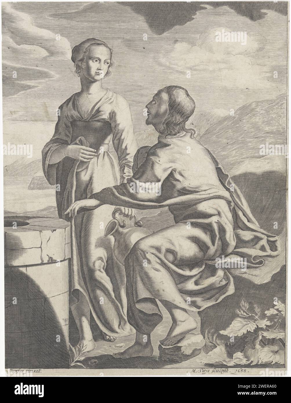 Christ et la Samaritaine, 1658 imprimer Christ parle à une Samaritaine à une source. Il montre le puits et lui demande de lui donner quelque chose à boire. À l'histoire de la Bible en Jean. 4. Papier gravé Christ et la femme de Samarie : assis au puits de Jacob, il lui demande de boire dans sa cruche Banque D'Images
