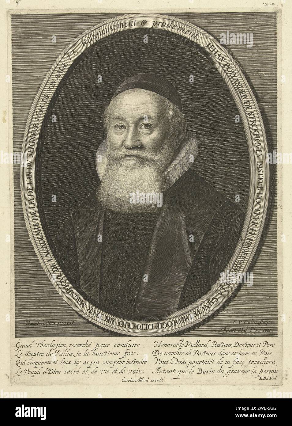 Portrait de Johannes Polyander van Kerkhoven à l'âge de 77 ans, Cornelis van Dalen (I), d'après David Baudingien, tirage de 1645 Portrait de Johannes Polyander van Kerkhoven à l'âge de 77 ans, pectorale du pasteur vêtu de toge avec des remèdes plissés. Sur le dessus du cadre ovale se trouve une devise : Religionement & Prudement. Dans la marge sous un verset de E. Dupré. gravure sur papier Banque D'Images