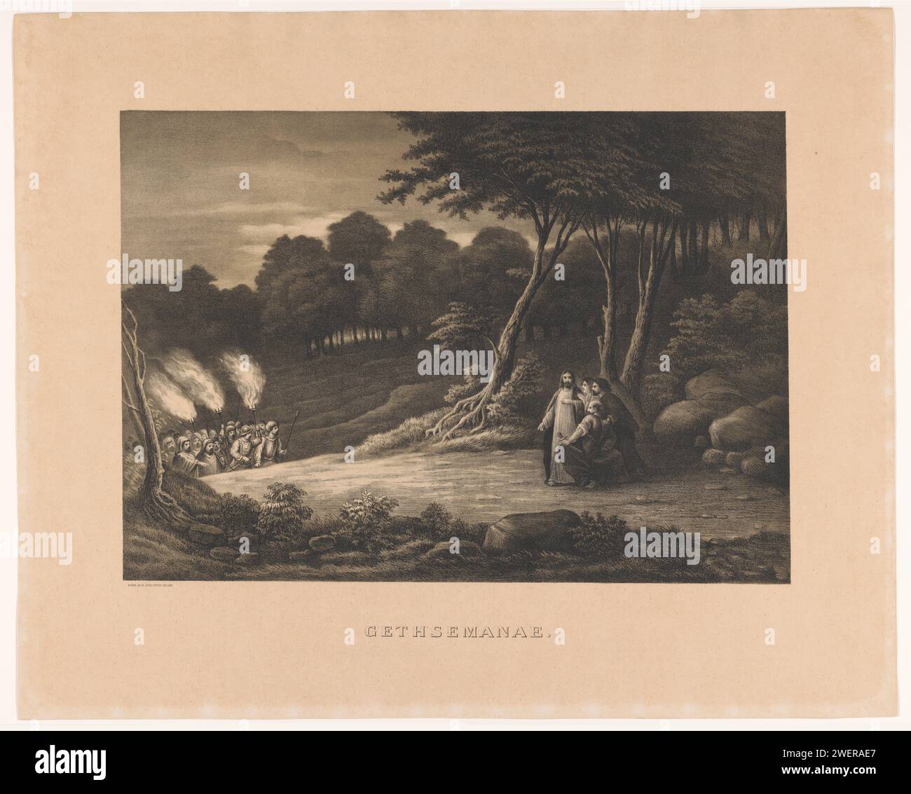 Gethsemanae, c. 1850 imprimer Paysage, Jésus à droite et trois disciples qui sont choqués par une foule avec des lances et des torches brûlantes sur la gauche. papier. Impression d'encre Christ sur son chemin vers (ou dans) le jardin de Gethsémani (pas encore en prière) Banque D'Images