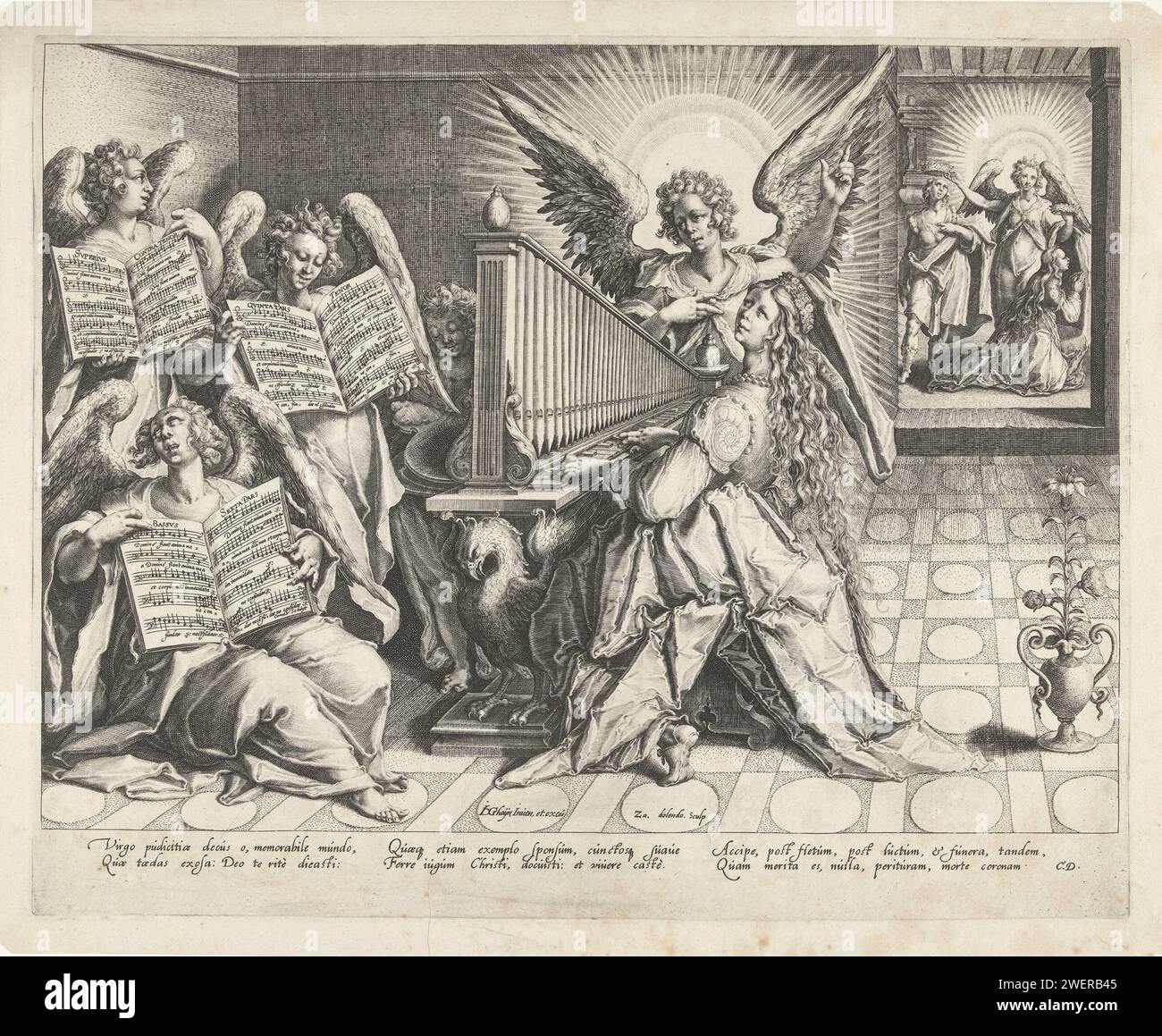 Le H. Cecilia sur l'orgue, Zacharias Dolendo, d'après Jacques de Gheyn (II), c. 1593 imprime la Sainte Cecilia sur l'orgue entourée d'anges chanteurs. Three Angels montre une partition du compositeur Cornelis Schuyt. En arrière-plan un aperçu d'une autre pièce. Un ange couronne Cecilia et une autre sainte femelle. Sous le spectacle un verset latin de Cornelis Duyn. Gravure sur papier St. Cecilia comme patronne de la musique. anges chantant, faisant de la musique. édition imprimée de partition musicale. orgue. musique vocale, chant Banque D'Images