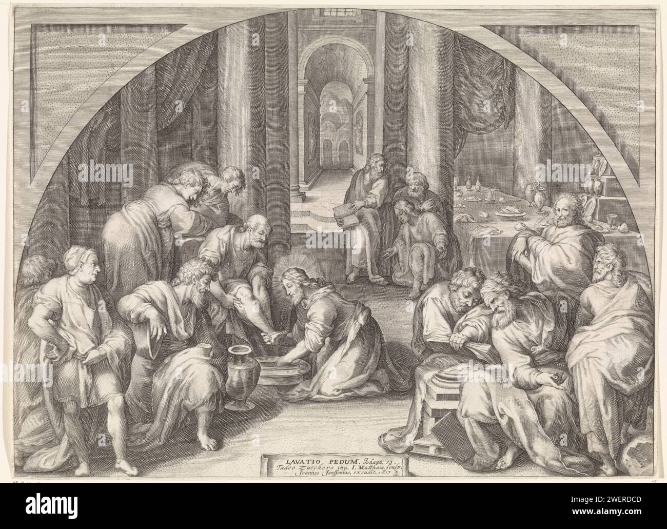 Voetwessing, Jacob Matham, d'après Taddeo Zuccaro, 1617 print Christ lave les pieds des apôtres. Gravure sur papier Christ lave les pieds des apôtres (Jean 13:1-20) Banque D'Images
