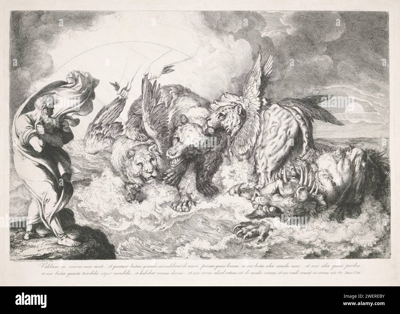 La vision de Daniël, 1809 impression dans un rêve nocturne, le prophète Daniël voit comment les quatre vents agitent la mer. Quatre grands animaux apparaissent entre les vagues. La première bête ressemble à un lion avec des ailes d'aigle, la seconde à un ours, le troisième sur un léopard avec quatre tasses et quatre ailes d'oiseau sur son dos et le quatrième a de grandes dents de fer et dix cornes et le tout arrondi ou piétiné tout ce qui est venu sur son chemin. Une petite corne avec des yeux humains et une bouche pleine de grande parole pousse à l'envers. Papier gravant la première vision de Daniel (Daniel 7). bêtes de proie, animaux prédateurs : lion. bêtes de pre Banque D'Images