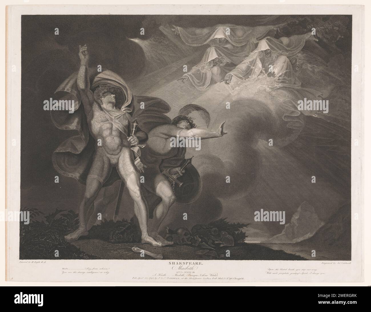 Trois sorcières apparaissent sur Macbeth et Banquo, James Caldwall, Thomas Trotter, d'après Johann Heinrich Füssli, 1798 imprimer la première rencontre de Macbeth avec les trois sœurs sorcières dans la tourbe (Shakespeare, Macbeth acte 1, scène 3). Encouragé par leurs prédictions, Macbeth donnera un emploi libre à ses ambitions. Les crânes et les os à ses pieds pointent vers l'avant de son horrible avenir. Gravure sur papier / gravure (scènes de) œuvres spécifiques de la littérature (avec AUTEUR, titre). Macbeth. groupes de sorcières Banque D'Images