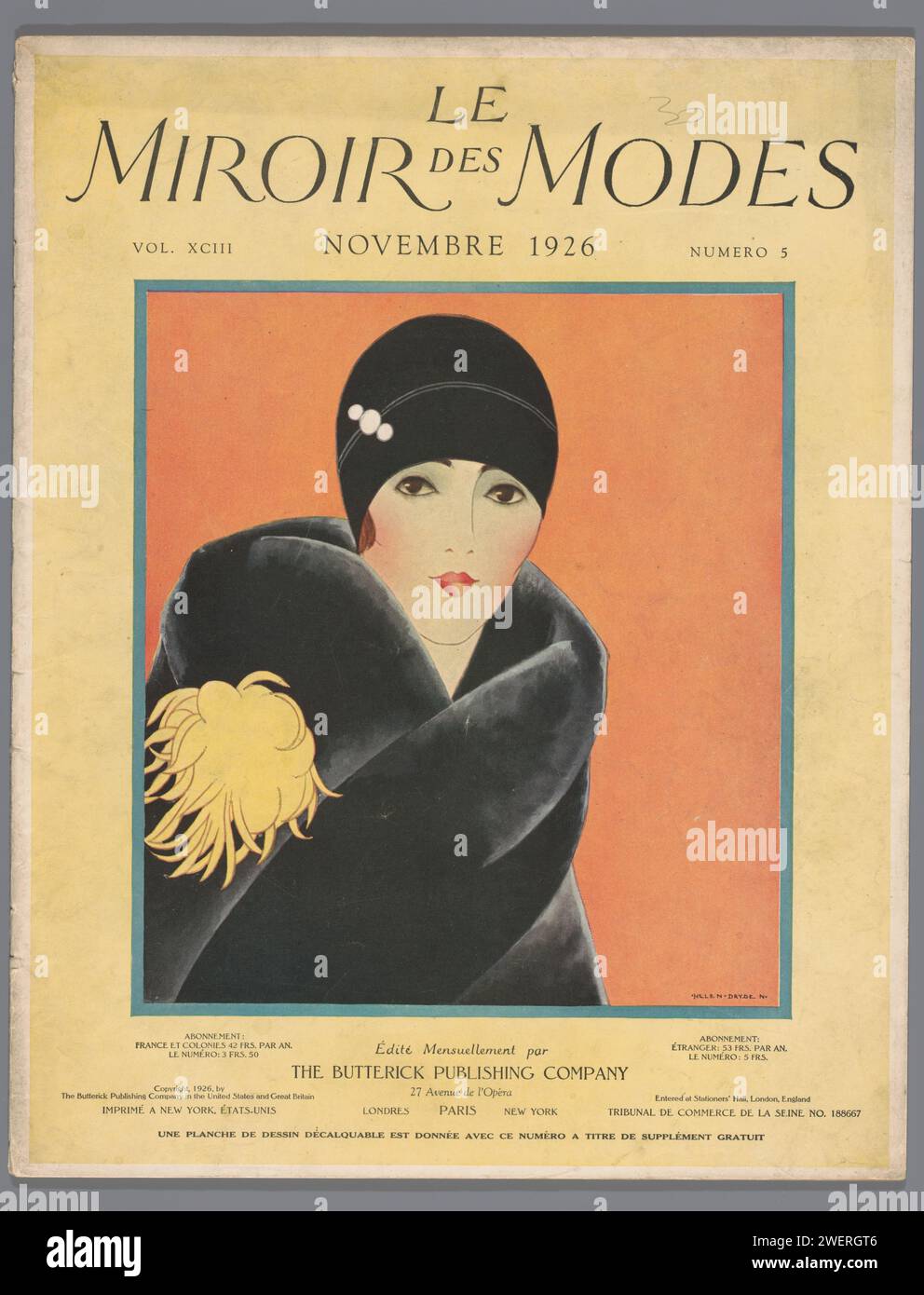 Le miroir des modes novembre 1926, vol.xciii, no. 5, The Butteric Publishing Co., magazine sur la couverture une femme en fourrure manteau (photo de dessin heal dryde). Cahier de p. 177 - 220 : texte et illustrations de mode. Sur la dernière page un certain nombre de robes de mariée. impression typographique de plaques de mode en papier Banque D'Images