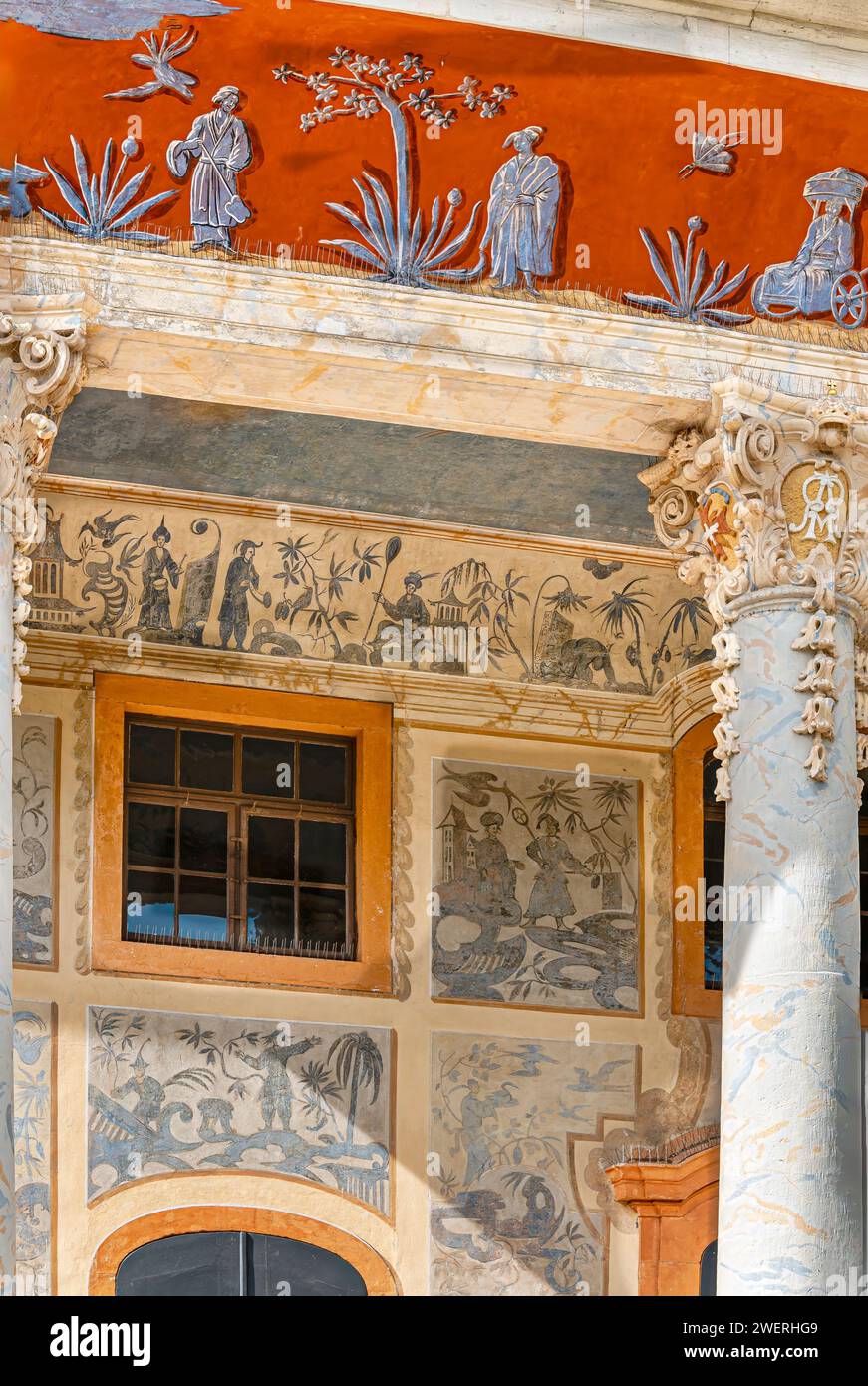 Murale historique dans le style de la chinoiserie au Bergpalais, Château de Pillnitz, Dresde, Allemagne Banque D'Images