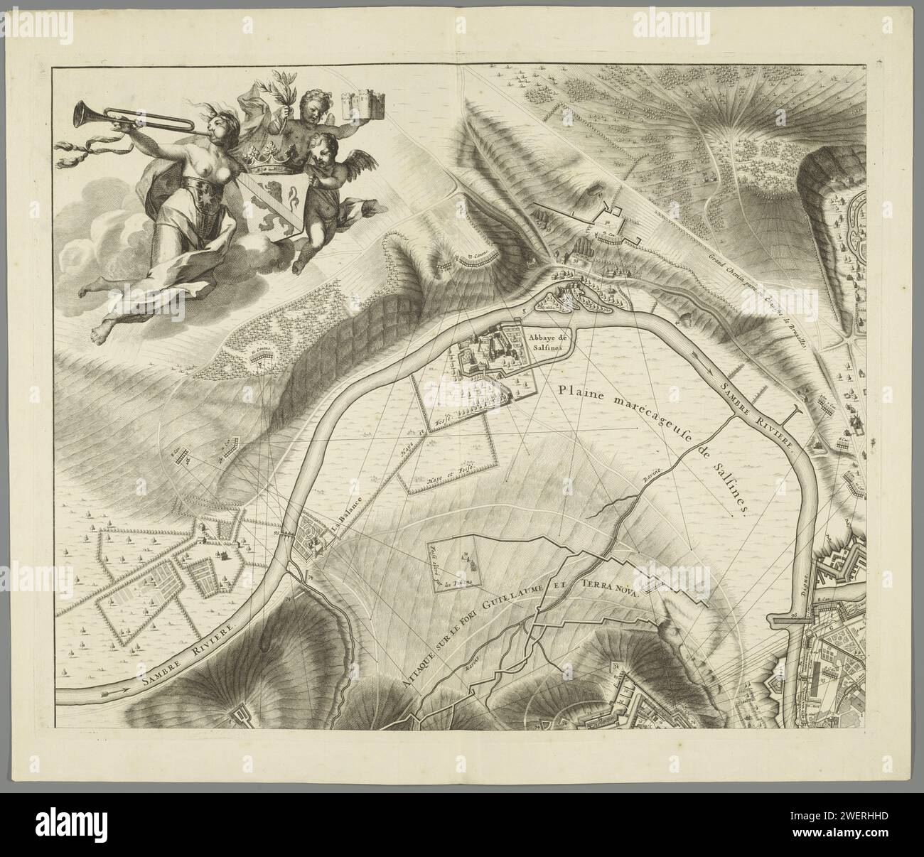 Grande carte du siège de Namur (page no. 1), 1695, Gilliam van der Gouwen, d'après Ottmar Elliger (II), 1695 copies carte non assemblée du siège de Namur par les alliés sous le roi Guillaume III pendant les mois de juillet-septembre 1695. La carte est composée de quatre représentations numérotées distinctes et de deux magazines avec la légende. Ce magazine (n°1) est la partie en haut à gauche. A gauche la renommée avec l'arme de Namur. Papier gravure cartes des villes. Siège, position guerre. Faim ; noms 'Fama', 'Good Fame', 'Chiara Fame' (Ripa) (ville) Banque D'Images