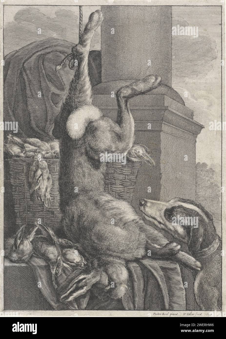 Mort Haas et oiseaux avec un chien de chasse, Venceslaus Hollar, après Peeter Boel, 1649 papier d'impression gravure de butin de la chasse, gibier, venaison. rongeurs : lièvre. chiens de chasse Banque D'Images