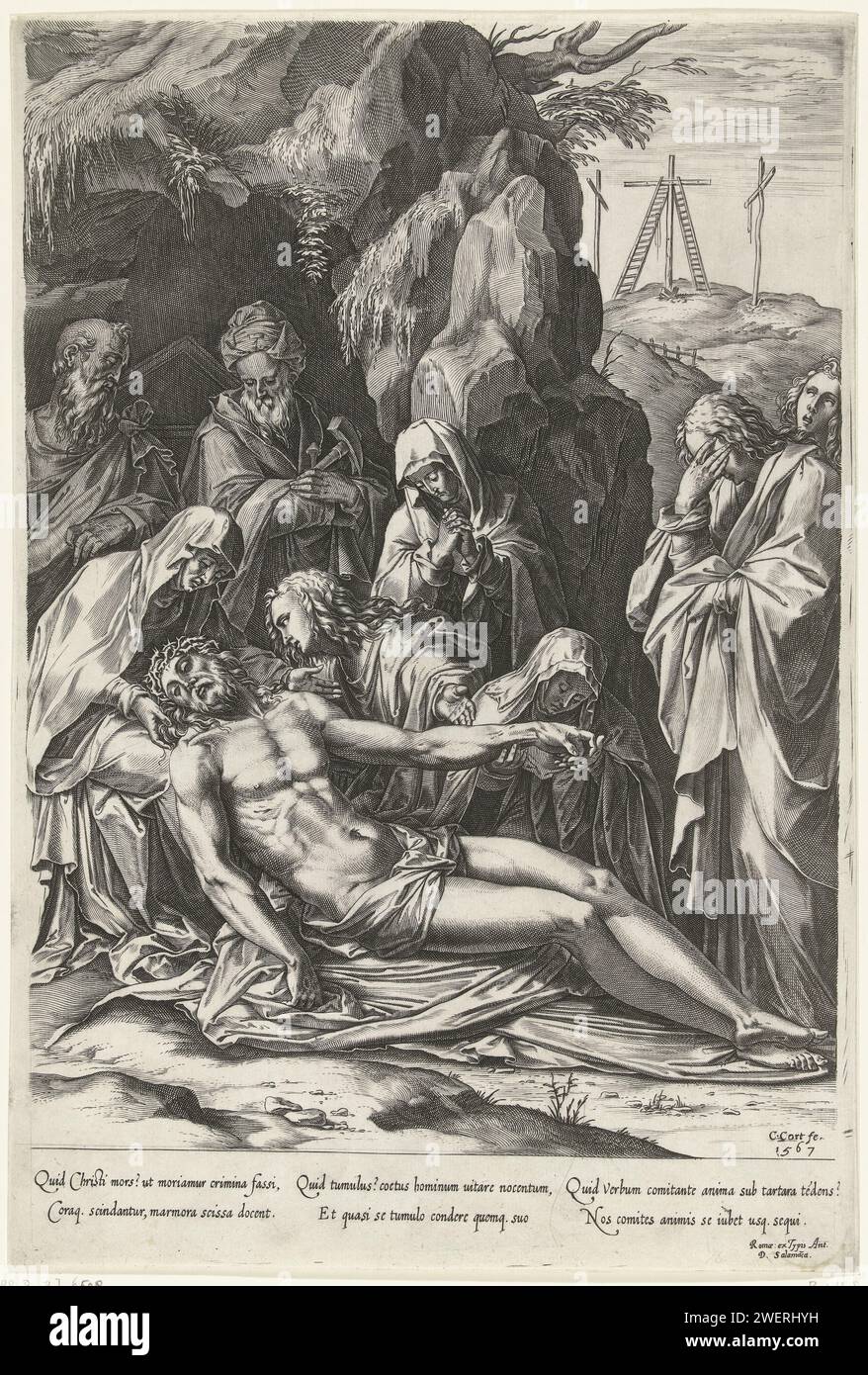 Poireaux du Christ, Cornelis Cort, d'après Taddeo Zuccaro, 1567 estampe pour une grotte dans un rocher repose le cadavre du Christ, soutenu par Marie et deux autres femmes. Derrière eux Joseph d'Arimathie et Nicodème. À droite, John se couvre le visage. Sur la droite en arrière-plan le Mont Golgotha avec les croix vides. Papier gravant le corps du Christ soutenu Banque D'Images