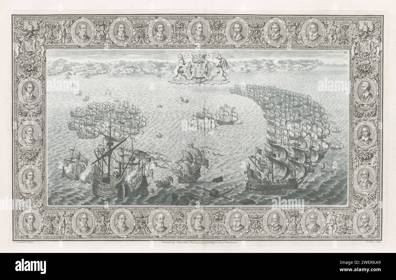 Reproduction d'un tapis mural sur l'Armada espagnole (22 juillet), 1739 imprimer la flotte anglaise (à gauche) et espagnole (à droite) dans le canal sous la côte de Cornouailles et Devon avec au sommet des armoiries de la reine anglaise Elizabeth I. La performance (numérotée IV) est contenue dans un bord orné avec 22 portraits de commandants de la flotte anglaise. Au milieu du portrait de Charles Howard, le Lord High Admiral. Il y a des armes dans les coins supérieurs. Entre les portraits de guildes de fleurs et de fruits, singes, oiseaux, puti, corne d'abondance etc Le spectacle fait partie d'un livre sur les Spanis Banque D'Images