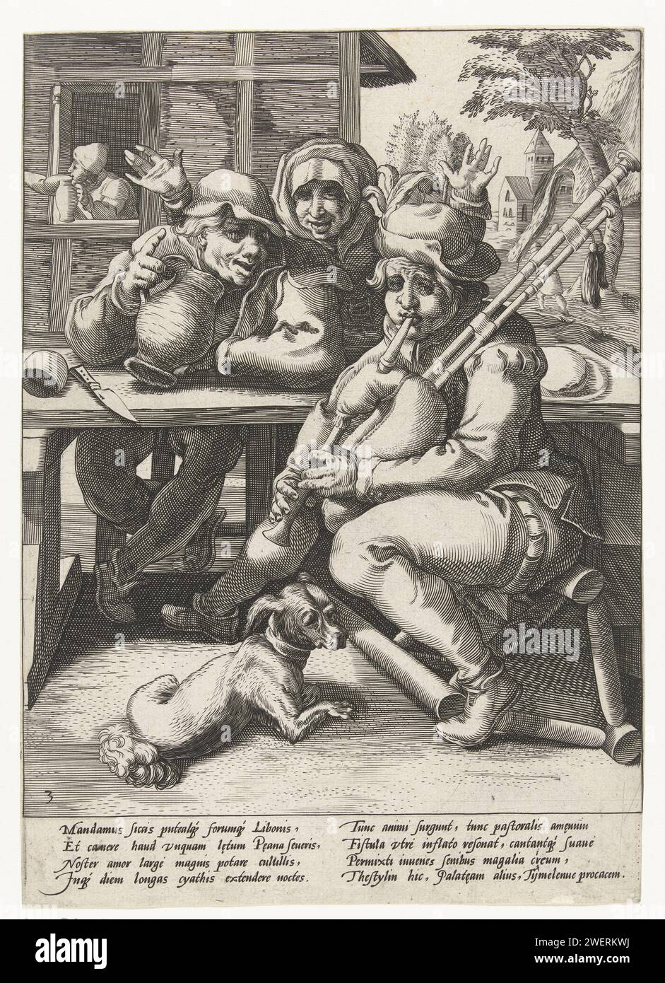 La cornemuse ne donne aucun son, puis quand il est plein, Hendrick Goltzius (attribué à l'atelier ou), après Karel van Mander (I), 1590 - 1594 imprimer Un joueur de cornemuse et un ivrogne s'assoient ensemble à la table. Derrière la table une femme avec ses mains est levée. Le joueur de cornemuse est assis sur une chaise tombée, à côté de lui se trouve un chien. Sous le spectacle un verset latin explicatif de Franco Estius. ivrogne de gravure de papier. cornemuse, musette. une personne jouant d'un instrument à vent Banque D'Images