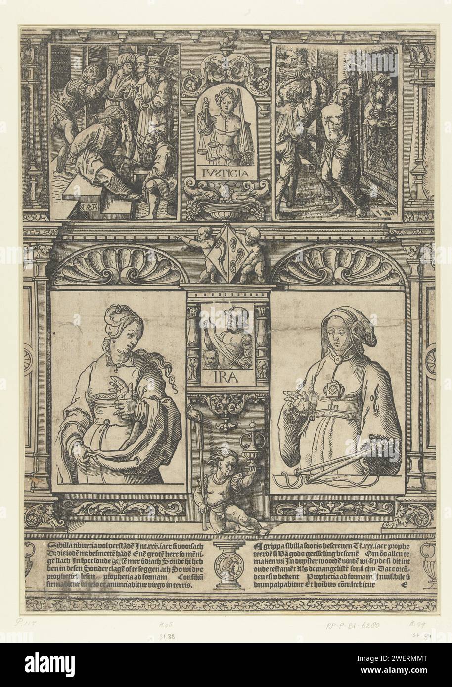 Feuille avec deux sibyles et deux scènes de l'histoire de la passe, Jacob Cornelisz van Oostsanen, d'après Lucas van Leyden, 1528 - 1532 imprimé d'une série de sept magazines. Imprimer, imprimé à partir de plusieurs blocs, forme un tout à travers le cadre ornemental. En haut à gauche, la moquerie du Christ, en haut à droite, l'arnaque du Christ. En bas à gauche le Sibylle de Tibur avec la main et le texte d'accompagnement, en dessous le Sibylle Agrippa avec fouet et le texte d'accompagnement. Dans le cadre de la personnification de la justice (Iusticia) et de la colère (IRA) papier moqueries du Christ, qui peut avoir les yeux bandés. Flagellation par des soldats, Christ habituellement Banque D'Images