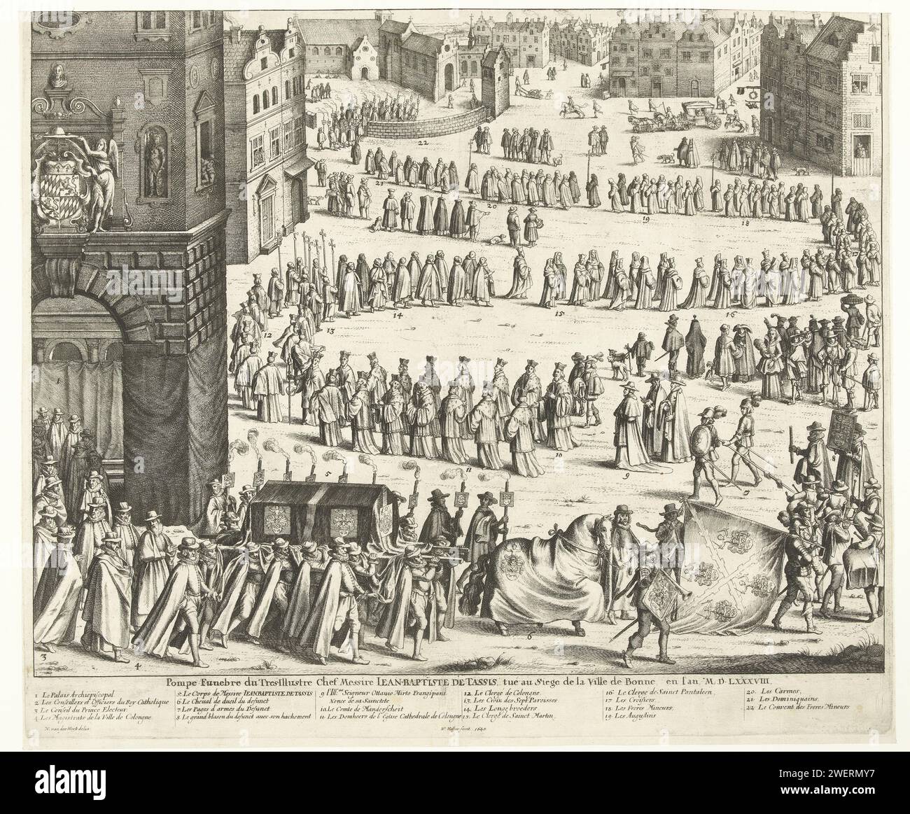 Funérailles de Johann Baptista von Tassis à Keulen, 1588, Wencslaus Hollar, d'après Nicolaas van der Horst, 1645 estampe funérailles de Johann Baptista von Tassis (tué au siège de Bonn le 26 avril) à Cologne le 12 mai 1588. La procession funéraire serpente sur la place du Palais de l'Archevêque jusqu'au Minderbroedersklooster. Au premier plan la bannière, le cheval et le cercueil de Tassis. Dans la légende le titre et la légende 1-22 en français. Cortège de gravure de papier, procession funéraire Cologne Banque D'Images