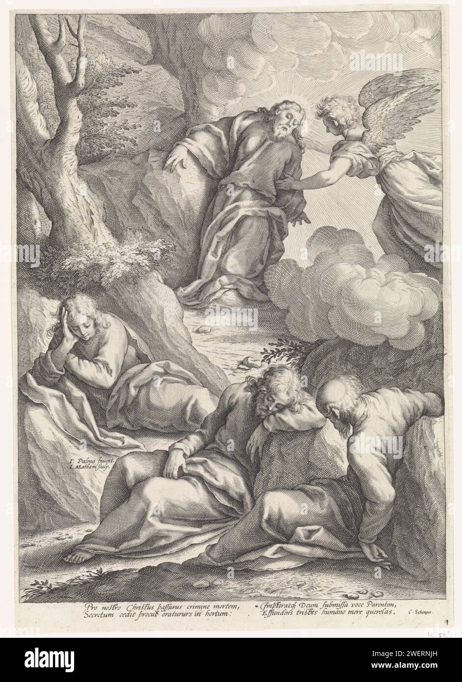 Christ dans le Hof van Getsemane, Jacob Matham, d'après Jacopo Palma, 1594 - 1598 imprimer Christ dans la cour de Getsemane. Trois apôtres endormis au premier plan. Derrière lui Christ qui est soutenu par un ange. Papier gravé la prière du Christ dans le jardin de Gethsémani pendant la nuit. Agonie du Christ : pour le réconforter, un ou plusieurs anges apparaissent au Christ avec un calice et/ou une croix Banque D'Images