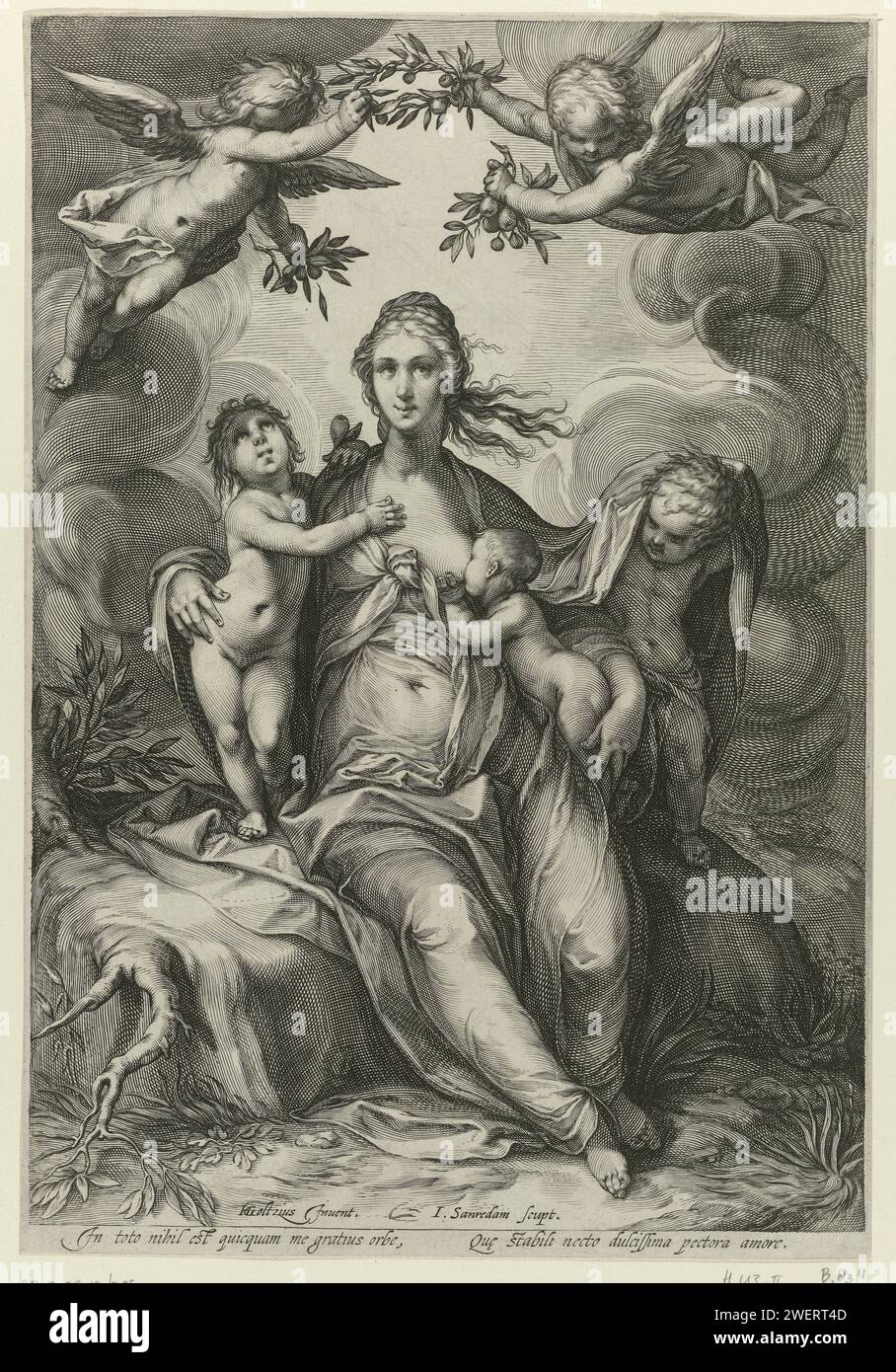 Amour, Jan Saenredam, d'après Hendrick Goltzius, 1601 imprimer la personnification féminine de l'amour, l'une des trois vertus divines, siège un enfant et embrasse deux enfants debout à côté d'elle. Putti volant au-dessus de sa tête avec une couronne de Laurier et des fleurs. Gravure sur papier Charité, 'Caritas' ; 'CaritÃ' (Ripa)  une des trois vertus théologiques Banque D'Images