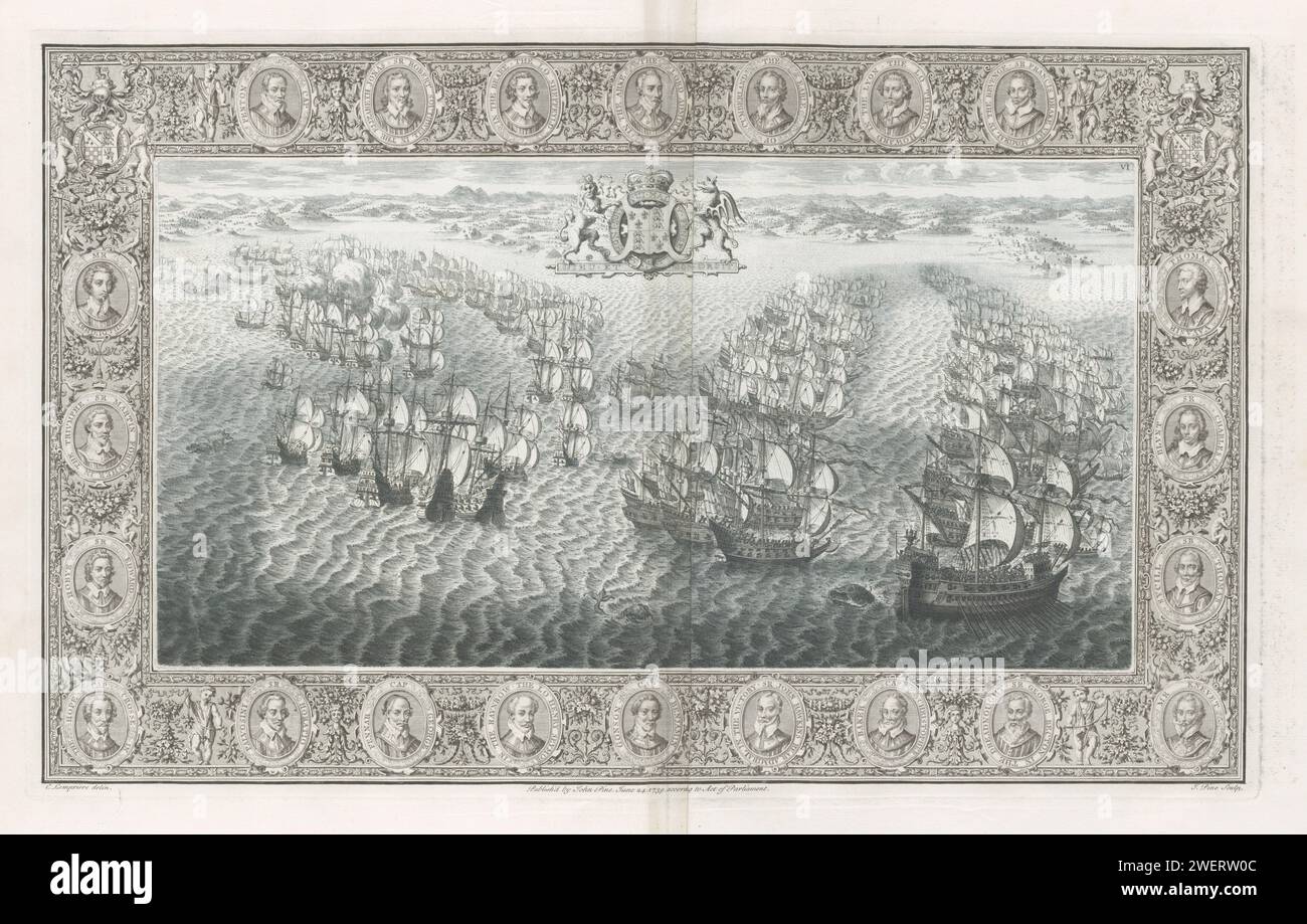 Reproduction d'un tapis mural au-dessus de l'Armada espagnole (23-24 juillet), 1739 imprimer la flotte anglaise et espagnole dans le canal près de l'île de Portland et Weymouth avec au sommet des armoiries de la reine anglaise Elizabeth I. La performance (numérotée VI) est contenue dans un bord orné avec 22 portraits de commandants de la flotte anglaise. Au milieu du portrait de Charles Howard, le Lord High Admiral. Il y a des armes dans les coins supérieurs. Entre les portraits de guildes de fleurs et de fruits, singes, oiseaux, puti, corne d'abondance etc Le spectacle fait partie d'un livre sur l'Armada a espagnole Banque D'Images