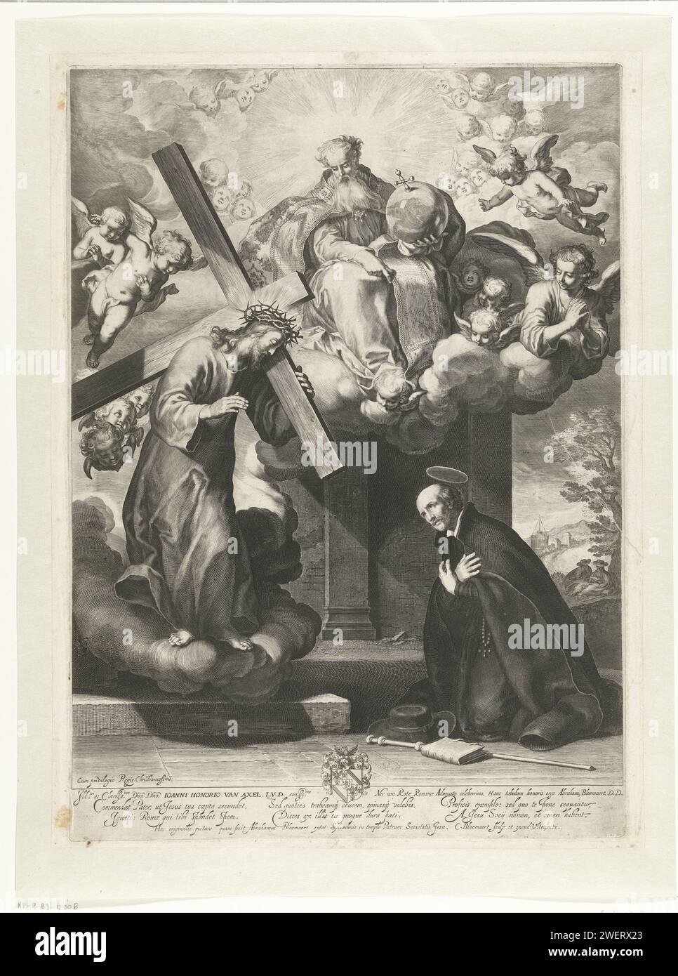 La vision de Saint Ignace van Loyola, Cornelis Bloemaert (II), d'après Abraham Bloemaert, 1630 - 1633 print Ignatius van Loyola le fondateur de la Compagnie de Jésus, est représenté ici comme un homme d'âge moyen, avec l'habit noir de son ordre, prier dans une chapelle le long du bord de la route. Pour lui, apparaît la forme du Christ qui porte la croix. Gravure sur papier visions de St. Ignace de Loyola Banque D'Images