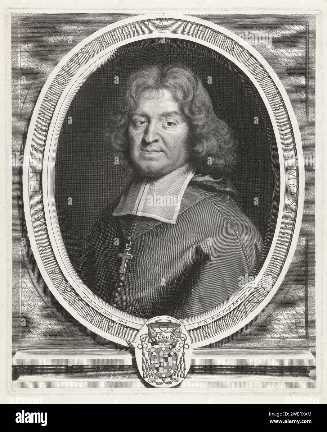 Portret van Mathurin Savary, Gérard Edelinck, d'après Louis Ferdinand elle (II), 1683 tirage Portrait de l'évêque français Mathurin Savary, représenté dans un cadre ovale avec du texte en latin et arme. gravure sur papier Banque D'Images