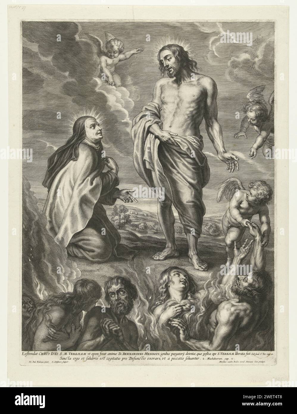 Teresa sacrée pour le Christ comme plaidoyer pour les âmes dans le purgatoire, Schelte Adamsz. Bolswert, d'après Pierre Paul Rubens, 1596 - 1659 imprimer Sainte Teresa s'agenouille pour le Christ comme intercession pour les âmes au purgatoire. Elle montre les hommes et les femmes dans le feu qui mendient parmi eux. Selon la légende, Teresa agit sur l'intercession de l'âme de Bernardino de Mendoza. Un texte biblique est également cité : 2 Makkabees 12. Gravure sur papier St. Theresa agenouillée devant Christ, intercédant pour les âmes au purgatoire. purgatoire, habituellement les âmes priant ou demandant l'intercession Banque D'Images
