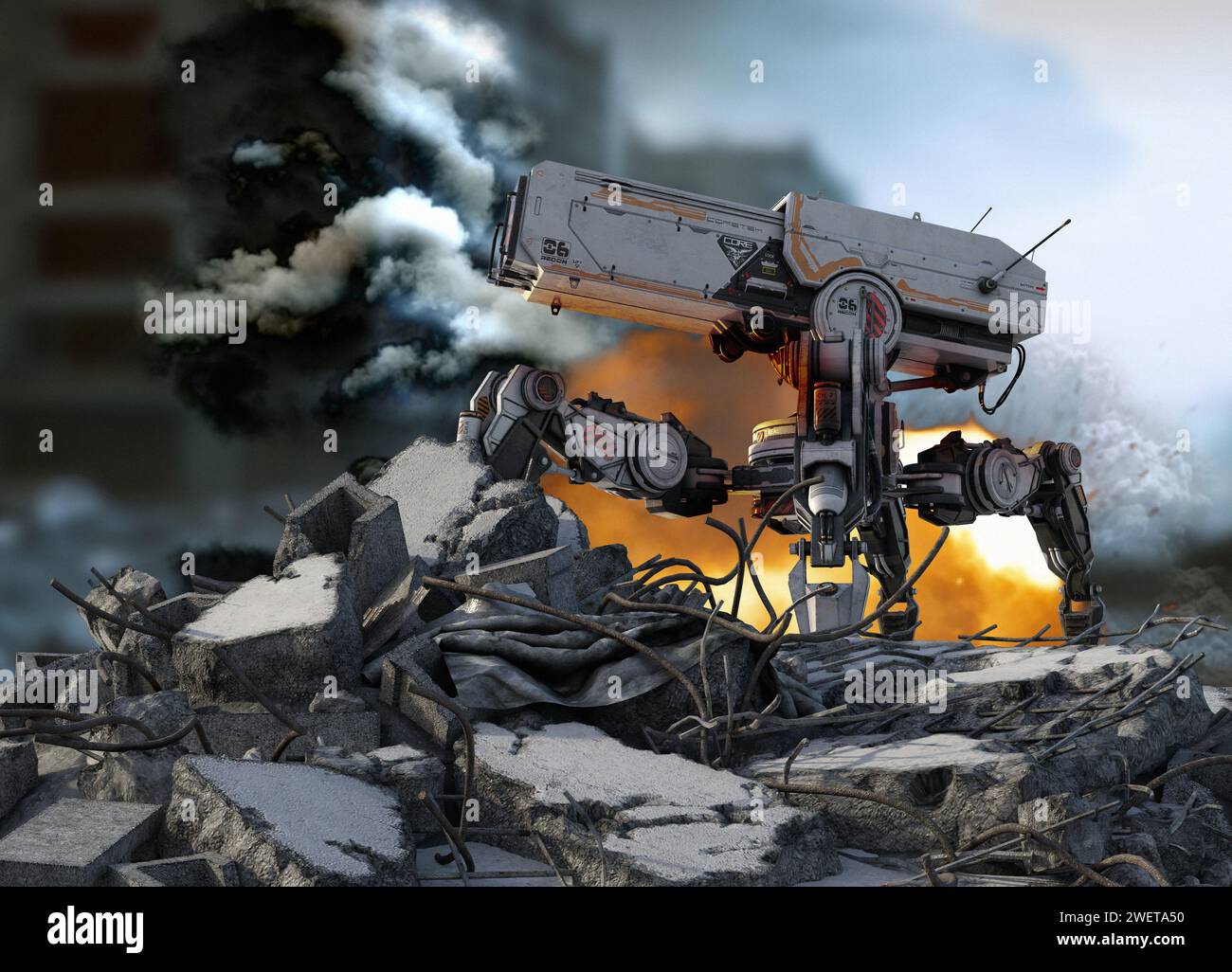 Chien robotique dans la zone de guerre, illustration Banque D'Images