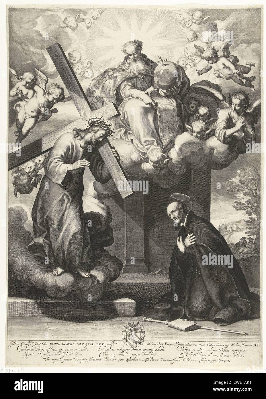 La vision de Saint Ignace van Loyola, Cornelis Bloemaert (II), d'après Abraham Bloemaert, c. 1622 - c. 1630 estampe Ignace de Loyola représenté comme un homme d'âge moyen, avec l'habit noir de l'ordre jésuite, priant dans une chapelle le long du bord de la route. Pour lui apparaît le Christ qui porte la croix. Gravure sur papier visions de St. Ignace de Loyola Banque D'Images